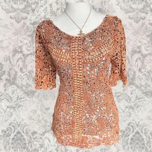 Brown Boho Western Cowgirl Crochet Women’s Lace Small Short Sleeve Blouse
